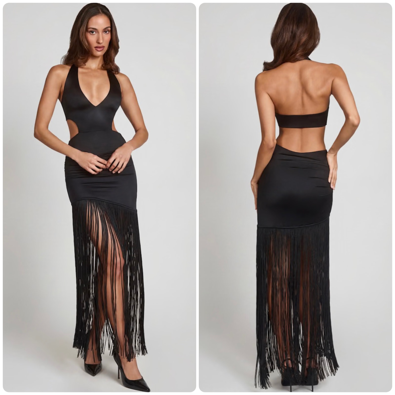 Oh Polly Solferina Fringed Plunge-Neck Maxi Dress In Black Size 4 New